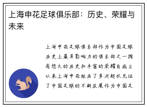 上海申花足球俱乐部：历史、荣耀与未来