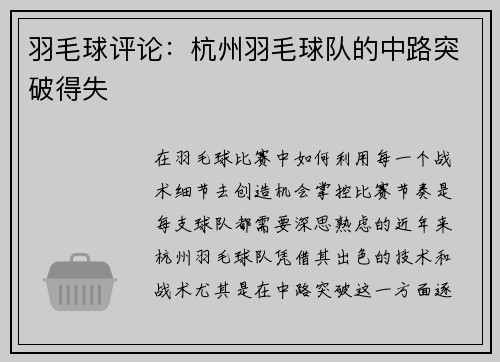 羽毛球评论：杭州羽毛球队的中路突破得失